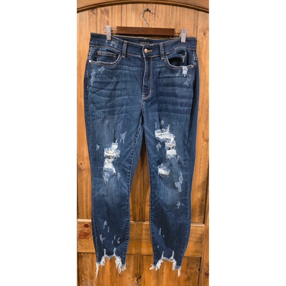 Judy Blue Skinny Fit Jeans Women 16W Blue Excellent Distressed Shark Bite Hem